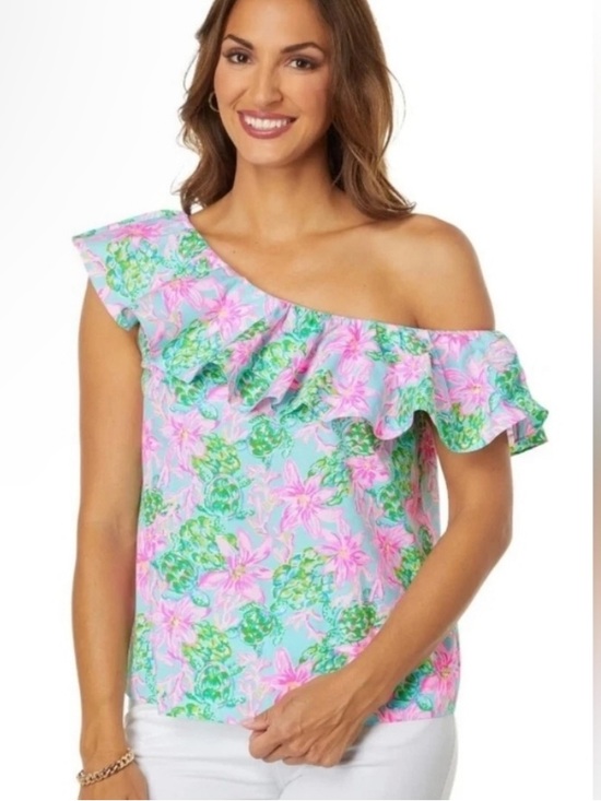 Tops - Lilly Pulitzer Surf Blue So Shellegant Zelder One Shoulder Ruffle Top